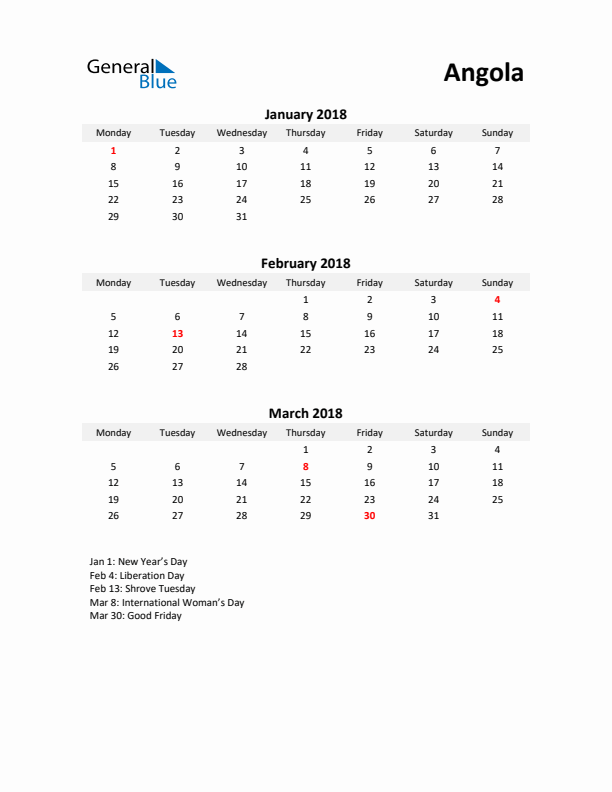 Printable Quarterly Calendar with Notes and Angola Holidays- Q1 of 2018