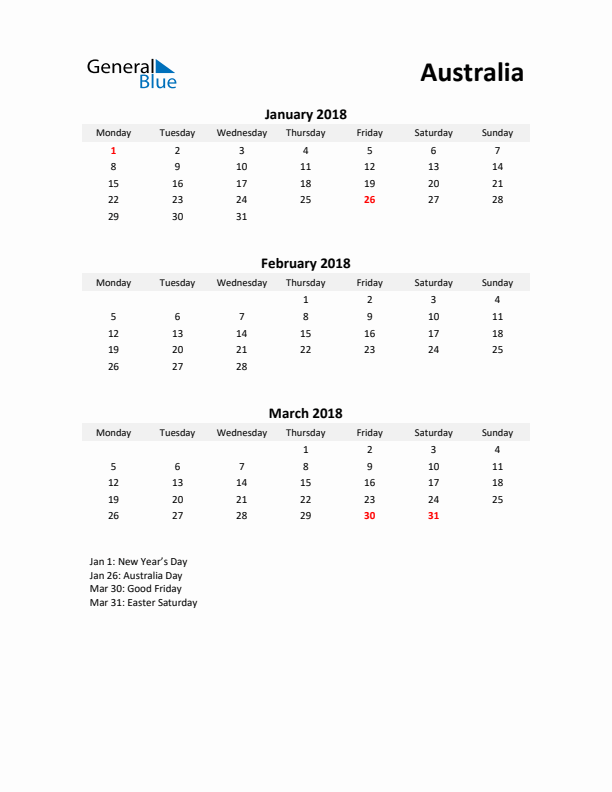 Printable Quarterly Calendar with Notes and Australia Holidays- Q1 of 2018