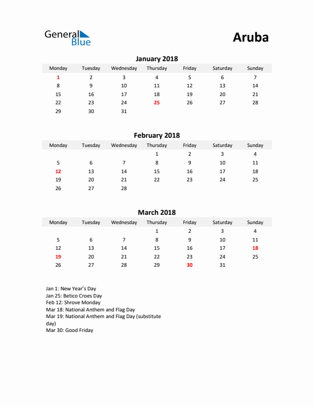 Printable Quarterly Calendar with Notes and Aruba Holidays- Q1 of 2018