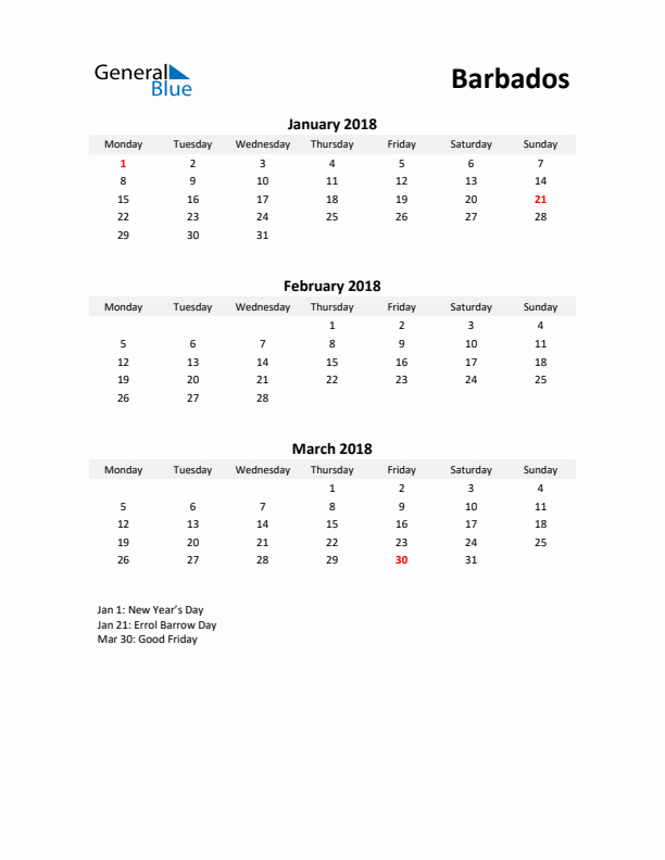 Printable Quarterly Calendar with Notes and Barbados Holidays- Q1 of 2018