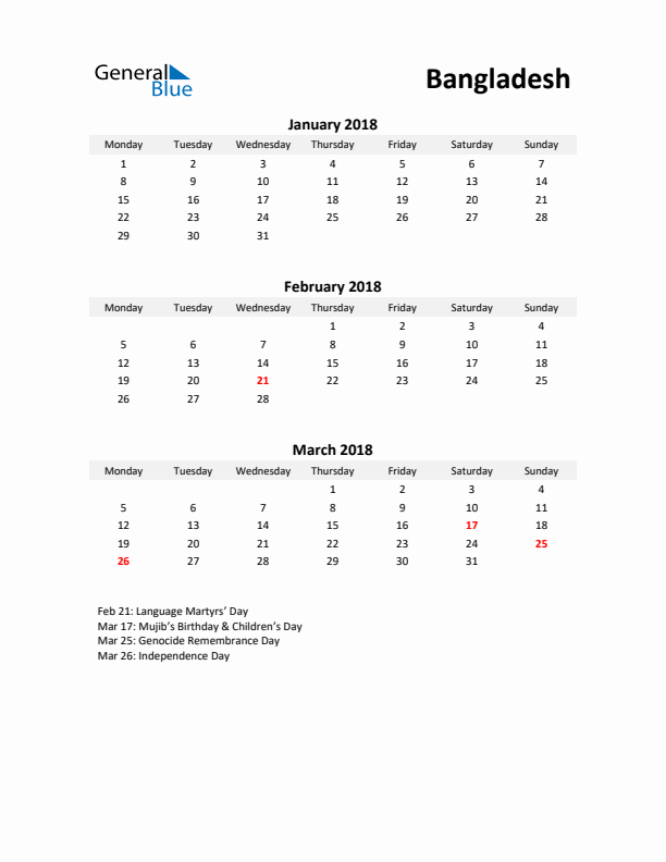 Printable Quarterly Calendar with Notes and Bangladesh Holidays- Q1 of 2018