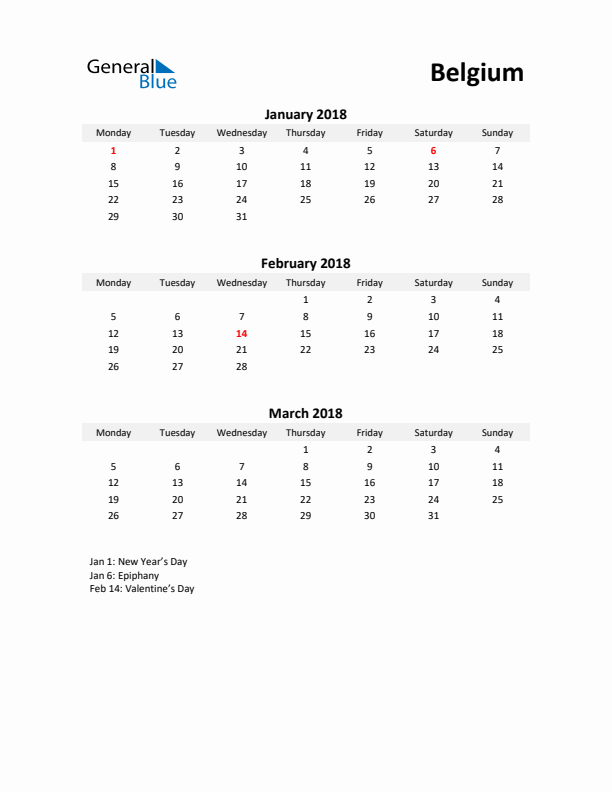 Printable Quarterly Calendar with Notes and Belgium Holidays- Q1 of 2018