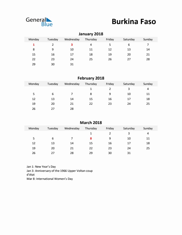 Printable Quarterly Calendar with Notes and Burkina Faso Holidays- Q1 of 2018