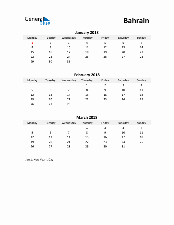 Printable Quarterly Calendar with Notes and Bahrain Holidays- Q1 of 2018