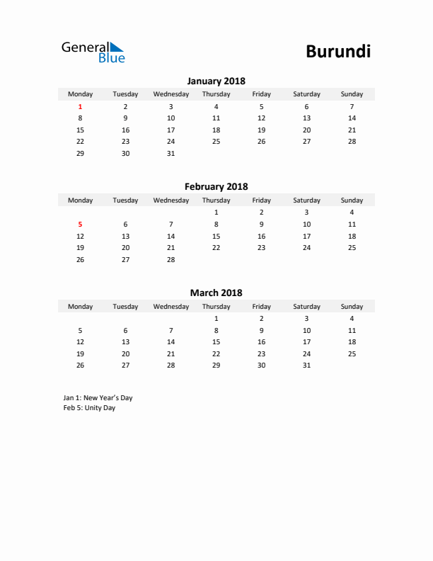 Printable Quarterly Calendar with Notes and Burundi Holidays- Q1 of 2018