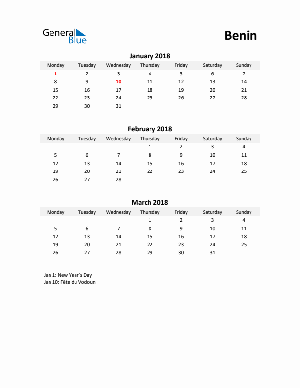 Printable Quarterly Calendar with Notes and Benin Holidays- Q1 of 2018