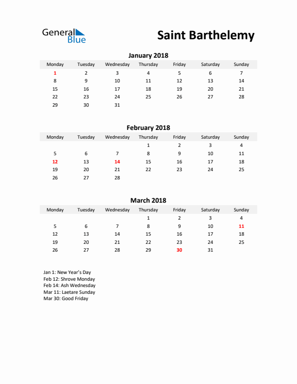 Printable Quarterly Calendar with Notes and Saint Barthelemy Holidays- Q1 of 2018