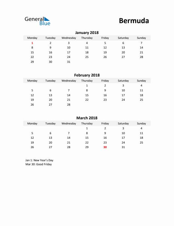 Printable Quarterly Calendar with Notes and Bermuda Holidays- Q1 of 2018