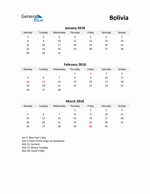 Printable Quarterly Calendar with Notes and Bolivia Holidays- Q1 of 2018