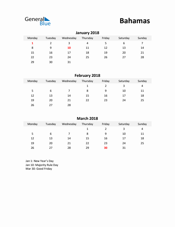 Printable Quarterly Calendar with Notes and Bahamas Holidays- Q1 of 2018