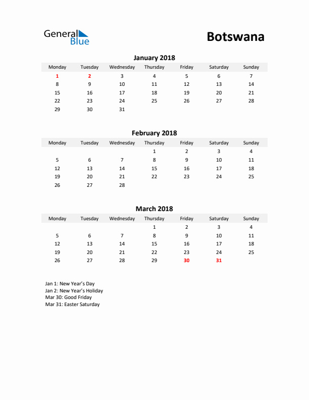 Printable Quarterly Calendar with Notes and Botswana Holidays- Q1 of 2018