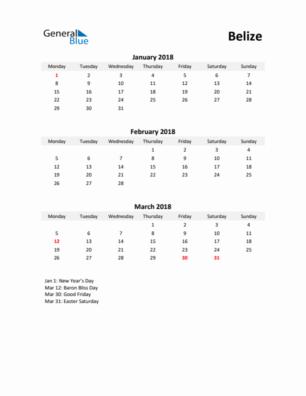 Printable Quarterly Calendar with Notes and Belize Holidays- Q1 of 2018