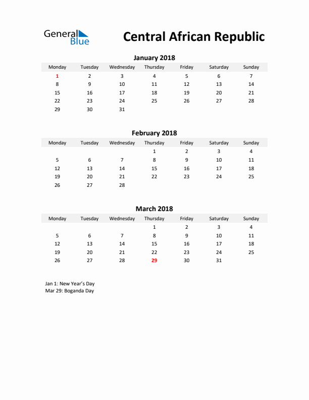 Printable Quarterly Calendar with Notes and Central African Republic Holidays- Q1 of 2018