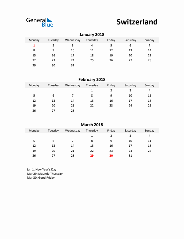 Printable Quarterly Calendar with Notes and Switzerland Holidays- Q1 of 2018