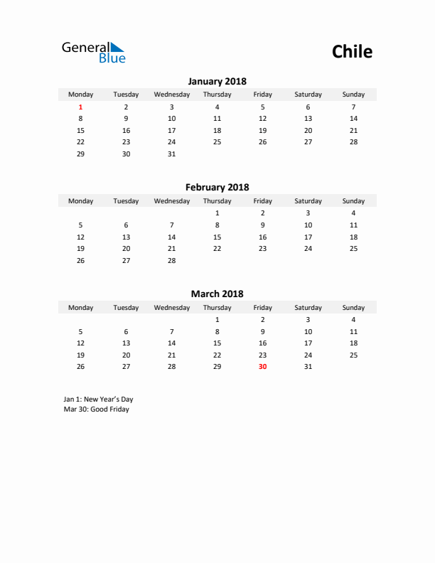 Printable Quarterly Calendar with Notes and Chile Holidays- Q1 of 2018