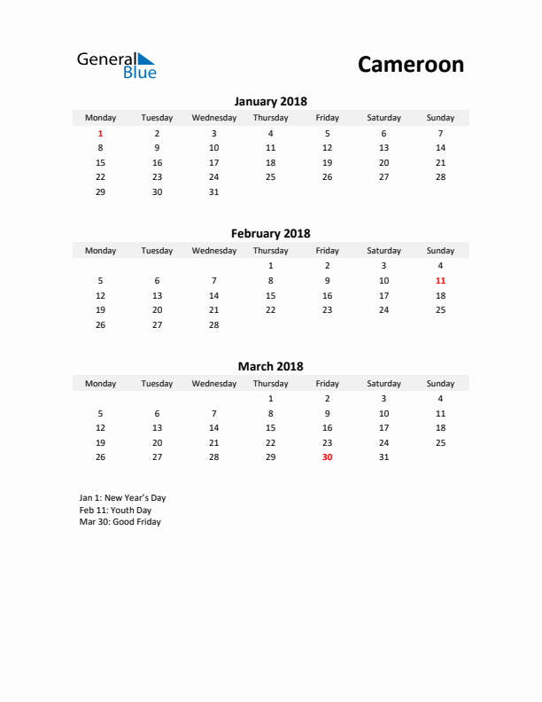 Printable Quarterly Calendar with Notes and Cameroon Holidays- Q1 of 2018