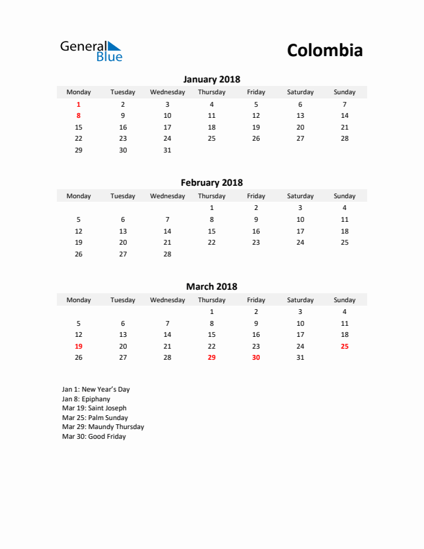 Printable Quarterly Calendar with Notes and Colombia Holidays- Q1 of 2018