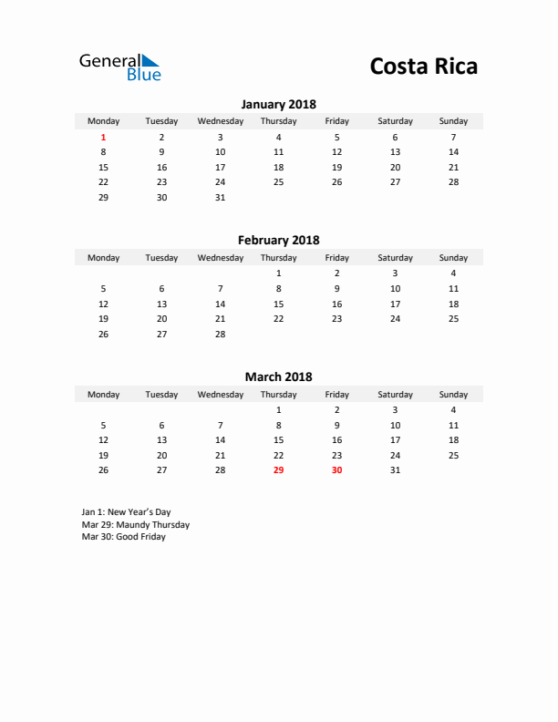 Printable Quarterly Calendar with Notes and Costa Rica Holidays- Q1 of 2018