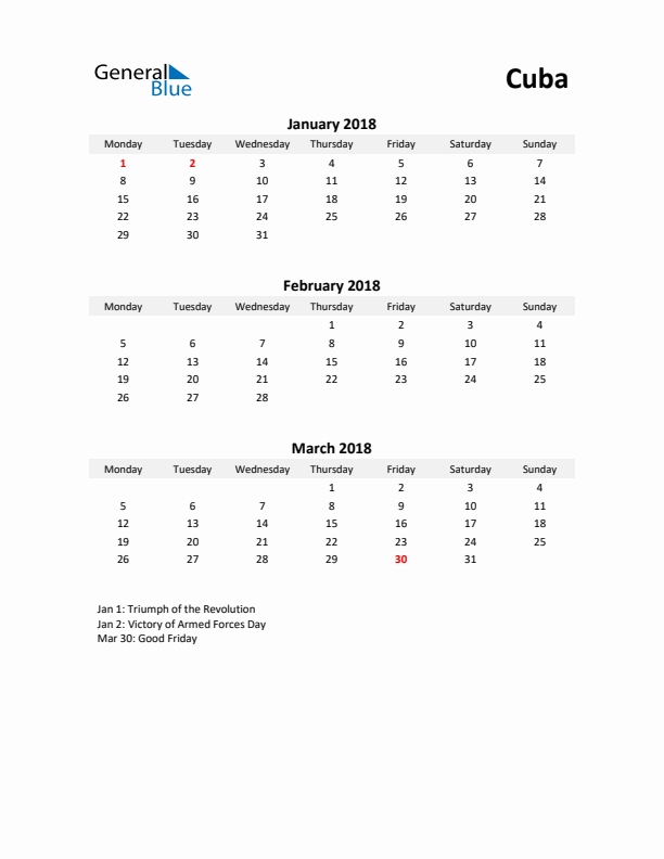 Printable Quarterly Calendar with Notes and Cuba Holidays- Q1 of 2018