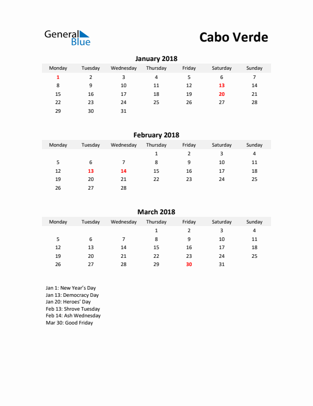 Printable Quarterly Calendar with Notes and Cabo Verde Holidays- Q1 of 2018