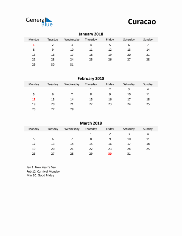 Printable Quarterly Calendar with Notes and Curacao Holidays- Q1 of 2018