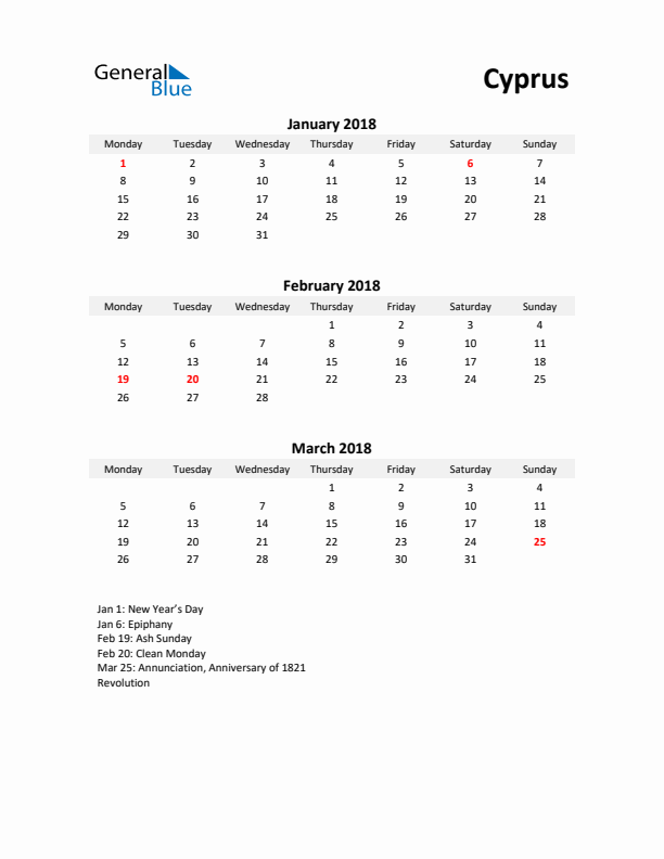 Printable Quarterly Calendar with Notes and Cyprus Holidays- Q1 of 2018