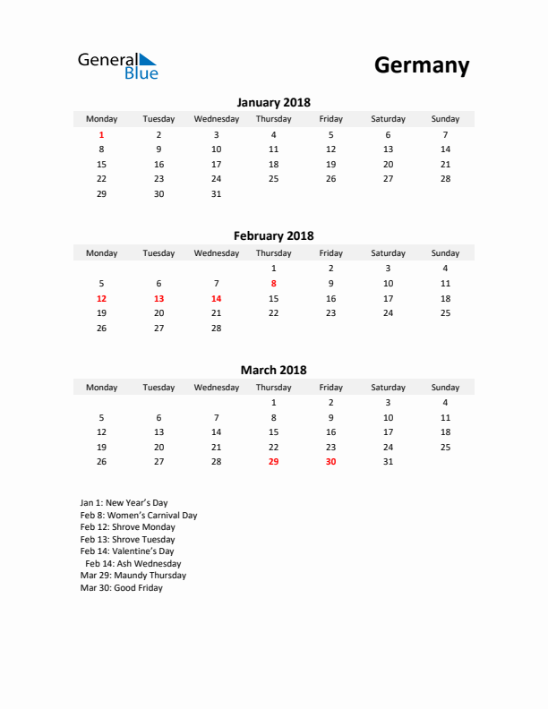 Printable Quarterly Calendar with Notes and Germany Holidays- Q1 of 2018