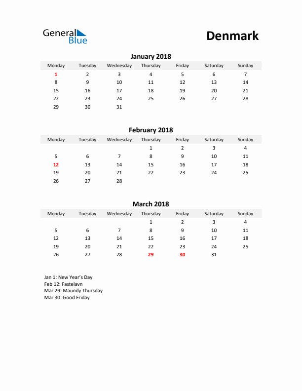 Printable Quarterly Calendar with Notes and Denmark Holidays- Q1 of 2018