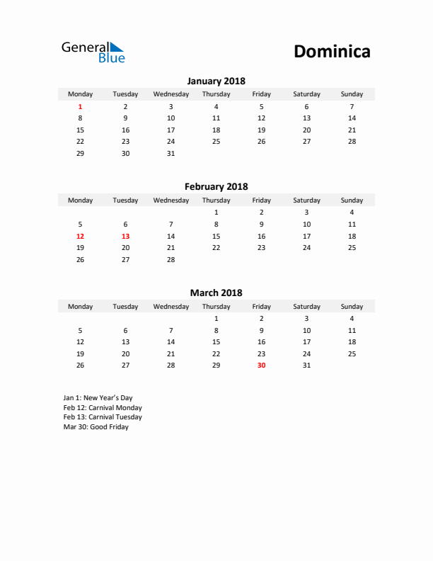 Printable Quarterly Calendar with Notes and Dominica Holidays- Q1 of 2018