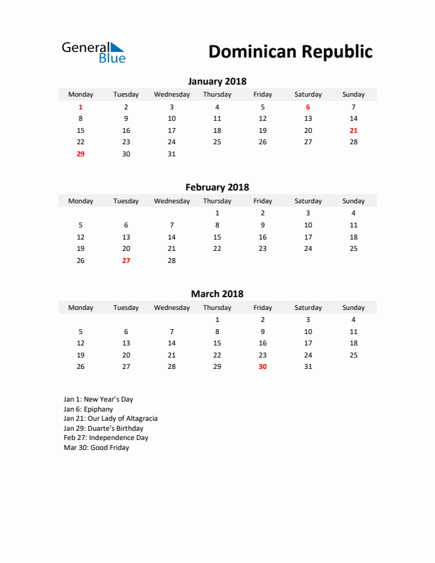 Printable Quarterly Calendar with Notes and Dominican Republic Holidays- Q1 of 2018