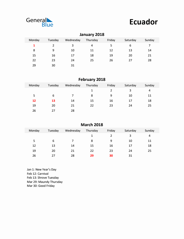 Printable Quarterly Calendar with Notes and Ecuador Holidays- Q1 of 2018