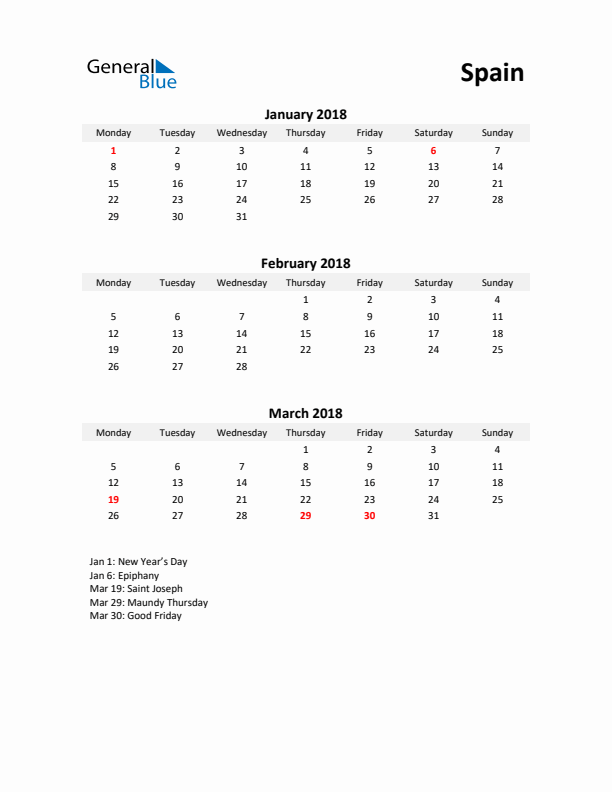 Printable Quarterly Calendar with Notes and Spain Holidays- Q1 of 2018