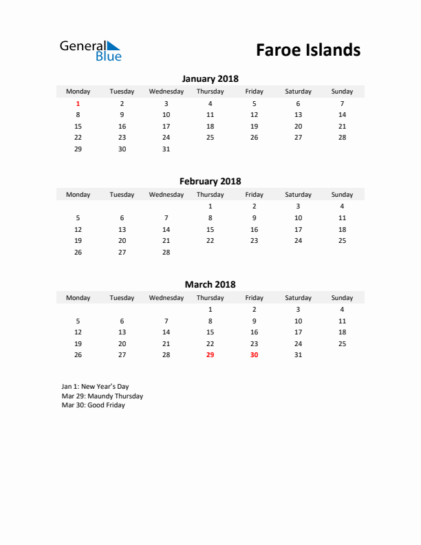 Printable Quarterly Calendar with Notes and Faroe Islands Holidays- Q1 of 2018