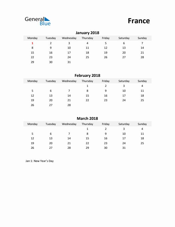 Printable Quarterly Calendar with Notes and France Holidays- Q1 of 2018