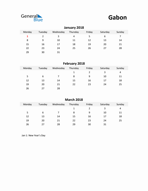 Printable Quarterly Calendar with Notes and Gabon Holidays- Q1 of 2018