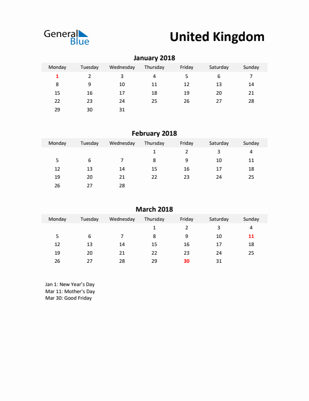 Printable Quarterly Calendar with Notes and United Kingdom Holidays- Q1 of 2018