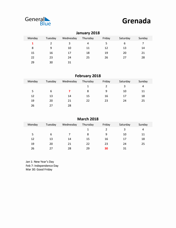 Printable Quarterly Calendar with Notes and Grenada Holidays- Q1 of 2018