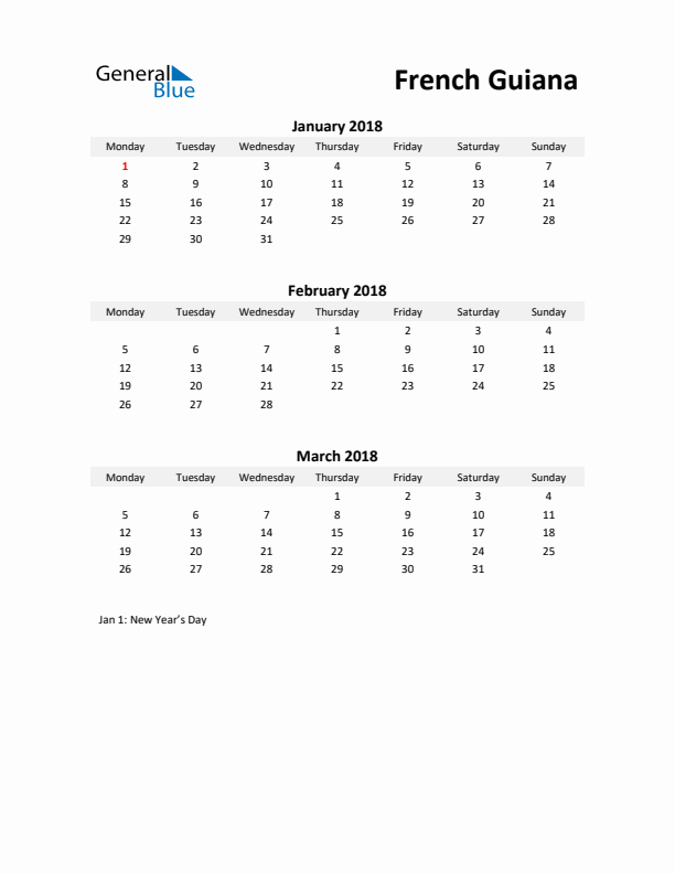 Printable Quarterly Calendar with Notes and French Guiana Holidays- Q1 of 2018