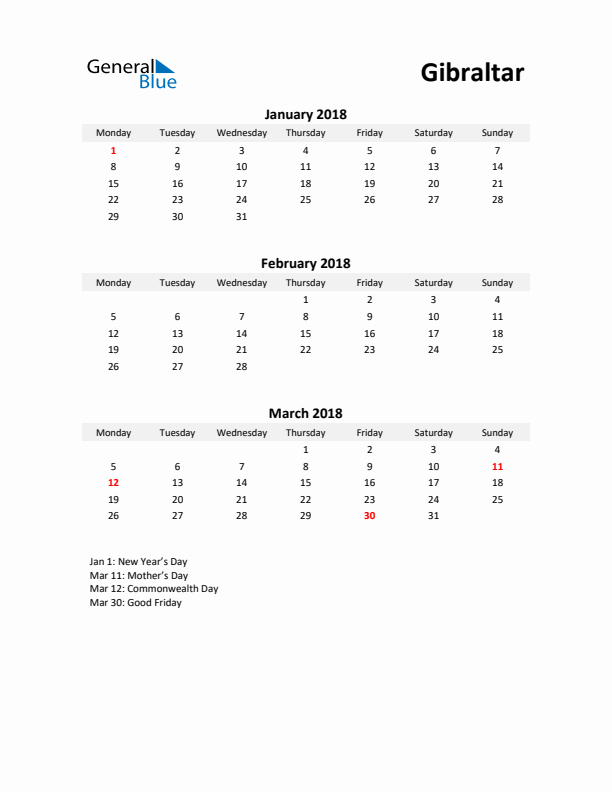 Printable Quarterly Calendar with Notes and Gibraltar Holidays- Q1 of 2018