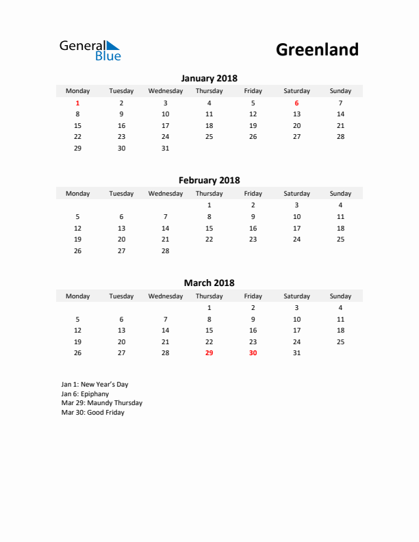 Printable Quarterly Calendar with Notes and Greenland Holidays- Q1 of 2018