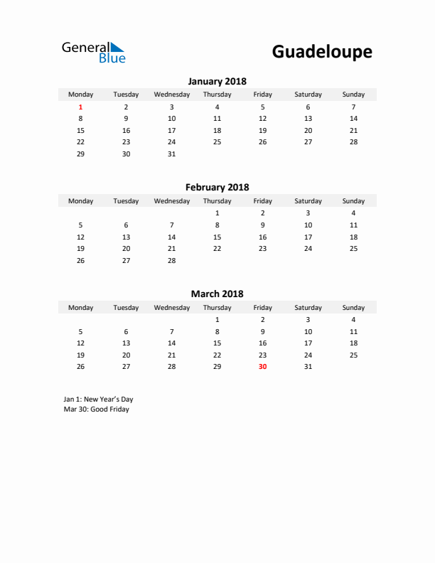 Printable Quarterly Calendar with Notes and Guadeloupe Holidays- Q1 of 2018