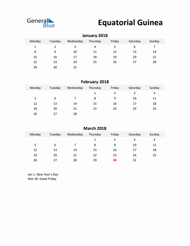 Printable Quarterly Calendar with Notes and Equatorial Guinea Holidays- Q1 of 2018