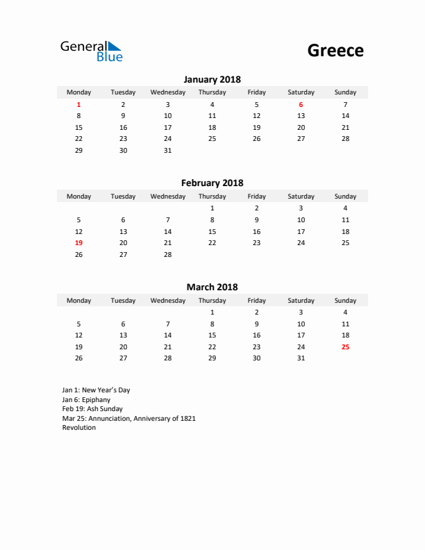 Printable Quarterly Calendar with Notes and Greece Holidays- Q1 of 2018