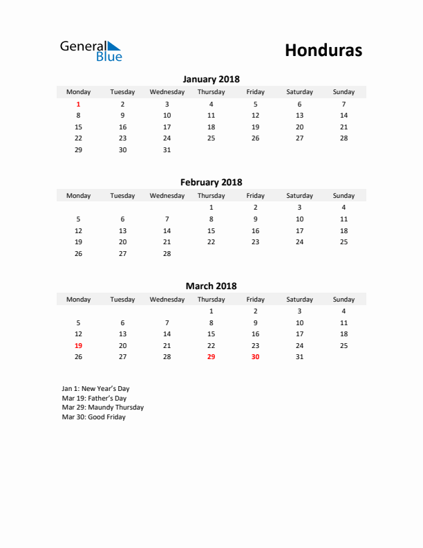 Printable Quarterly Calendar with Notes and Honduras Holidays- Q1 of 2018