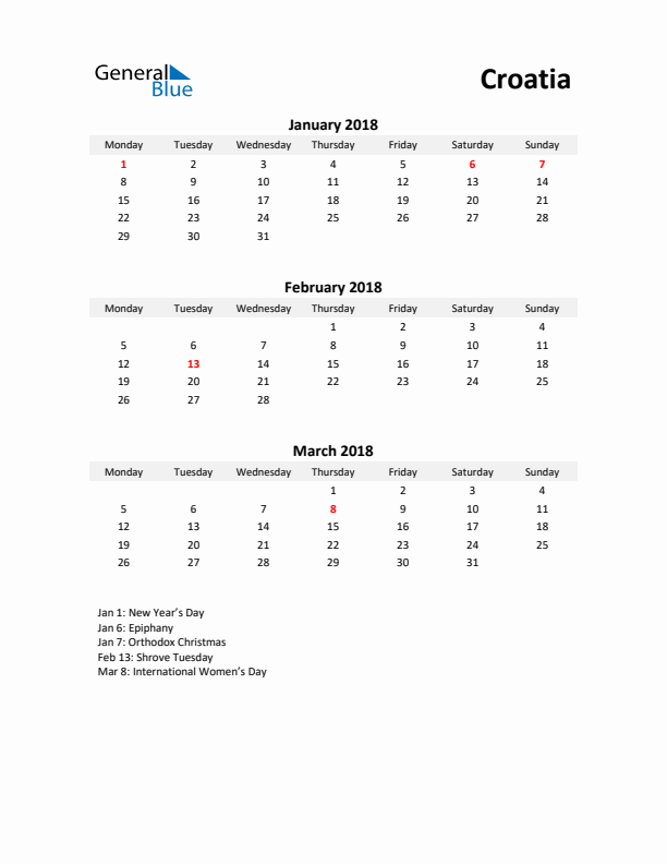 Printable Quarterly Calendar with Notes and Croatia Holidays- Q1 of 2018