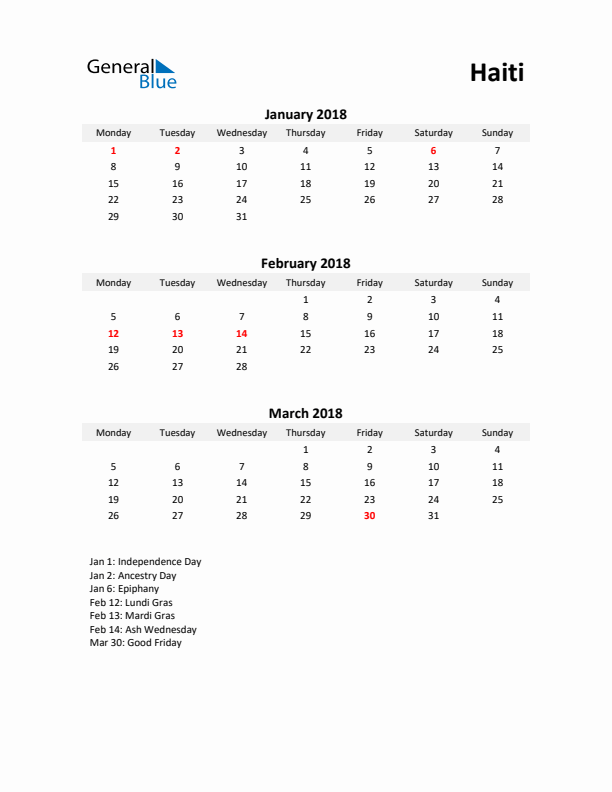 Printable Quarterly Calendar with Notes and Haiti Holidays- Q1 of 2018