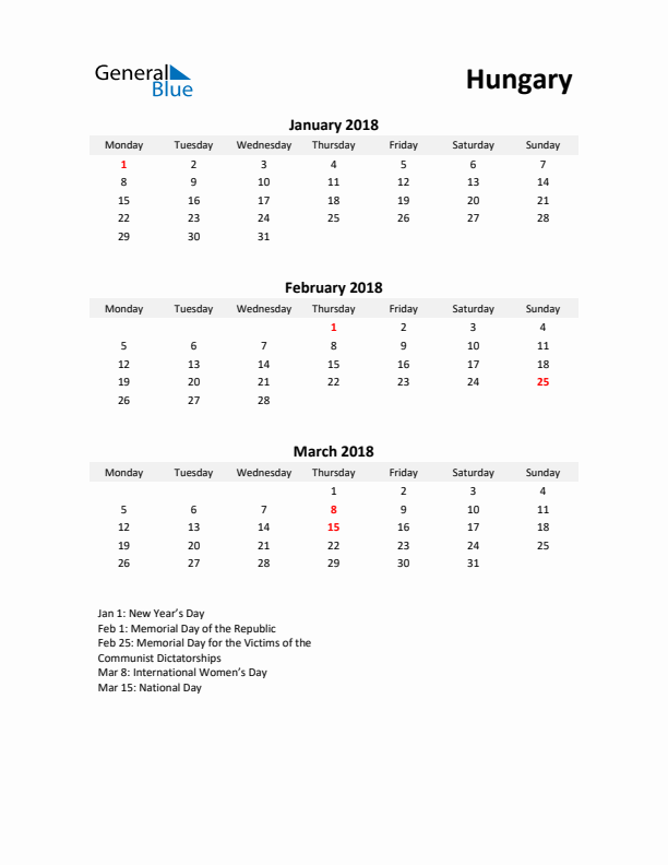 Printable Quarterly Calendar with Notes and Hungary Holidays- Q1 of 2018