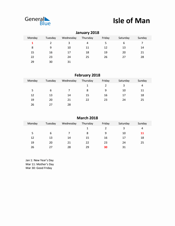 Printable Quarterly Calendar with Notes and Isle of Man Holidays- Q1 of 2018