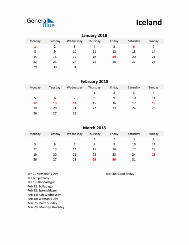 Printable Quarterly Calendar with Notes and Iceland Holidays- Q1 of 2018