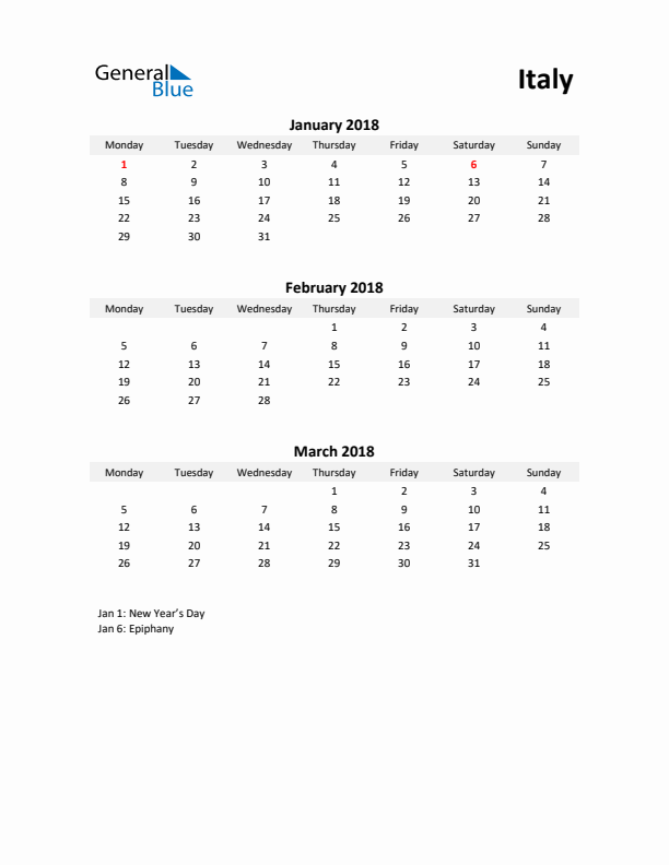 Printable Quarterly Calendar with Notes and Italy Holidays- Q1 of 2018